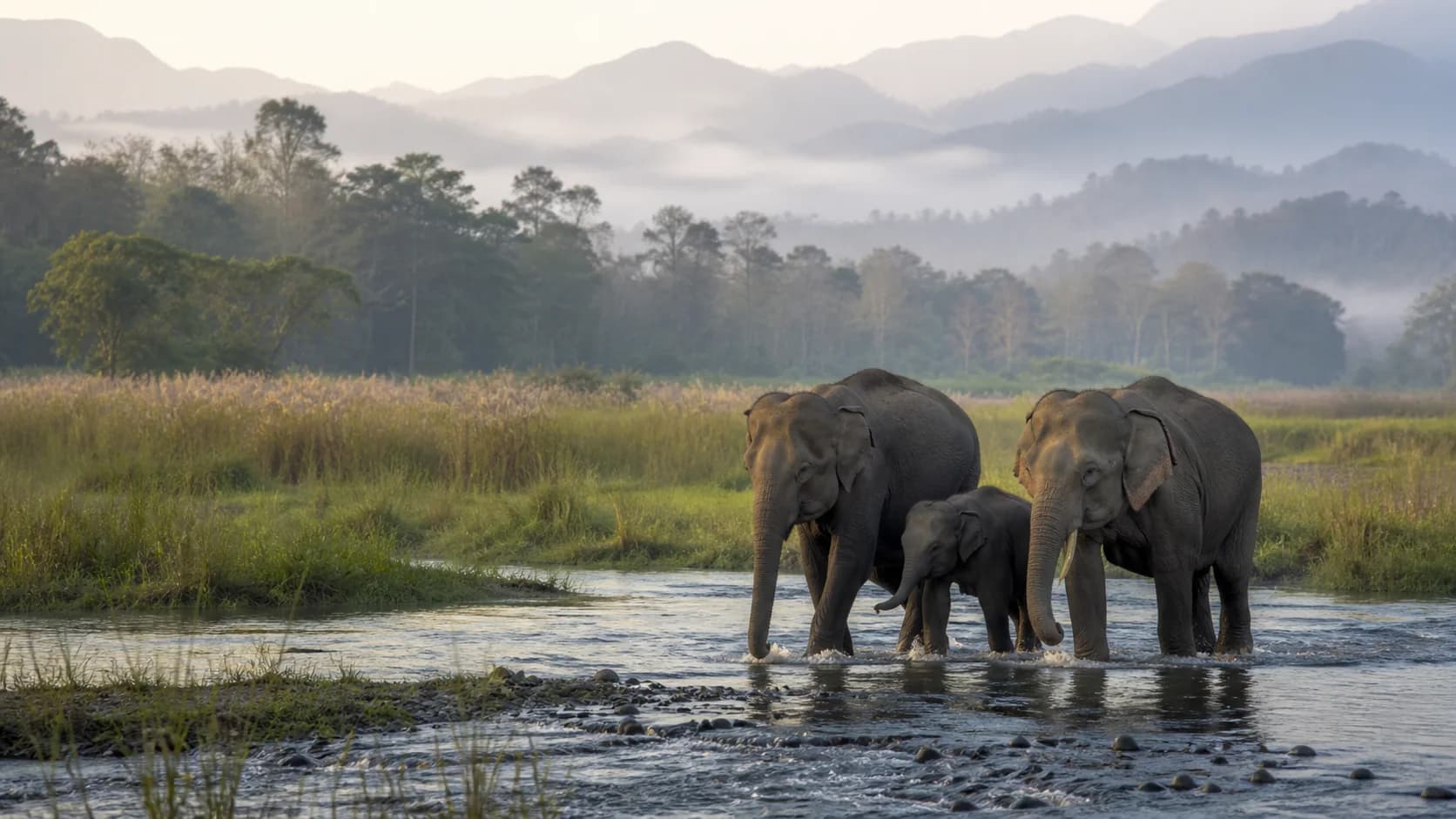 A family of Asian elephants crossing a river corridor below forested Himalayan foothills