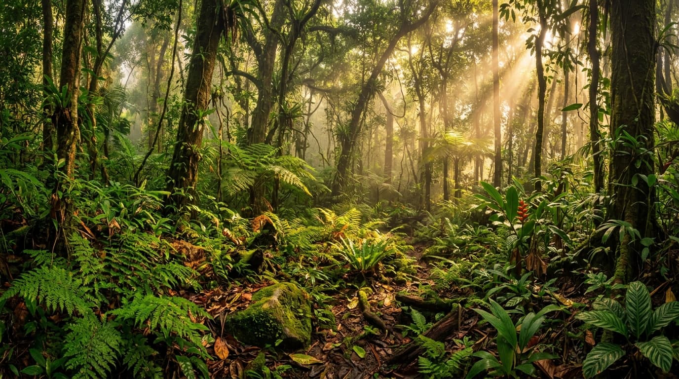 Sunlight passing through a dense South Asian forest