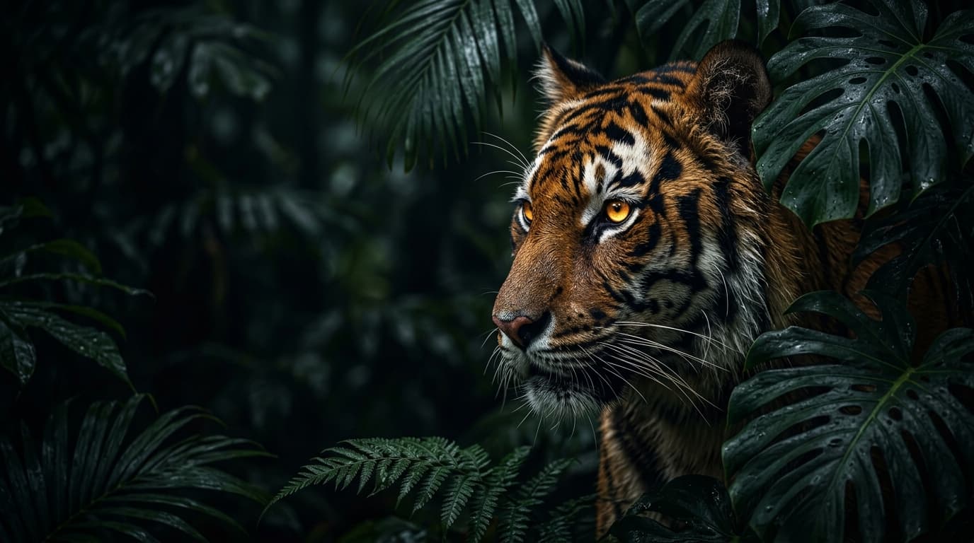 Bengal tiger looking through dense South Asian forest foliage